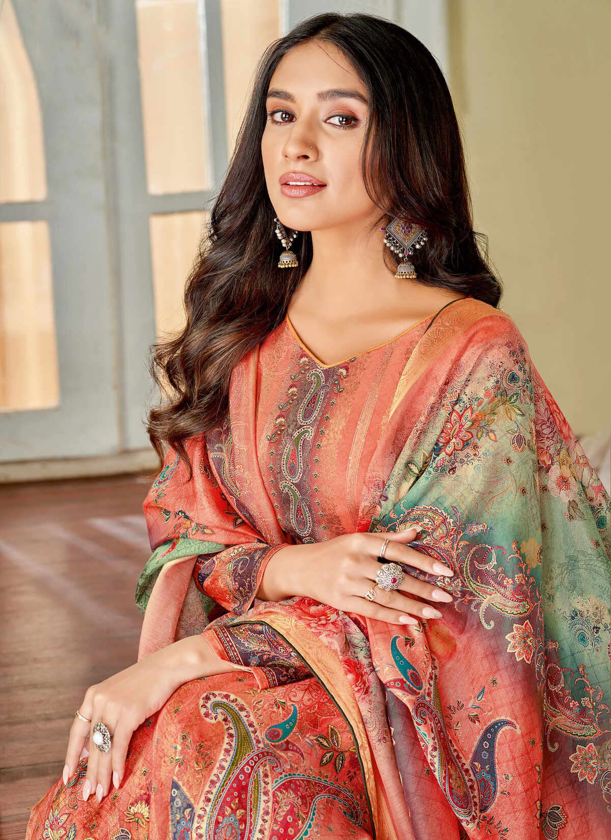 Designer light orange cotton linen salwar kameez with dupatta