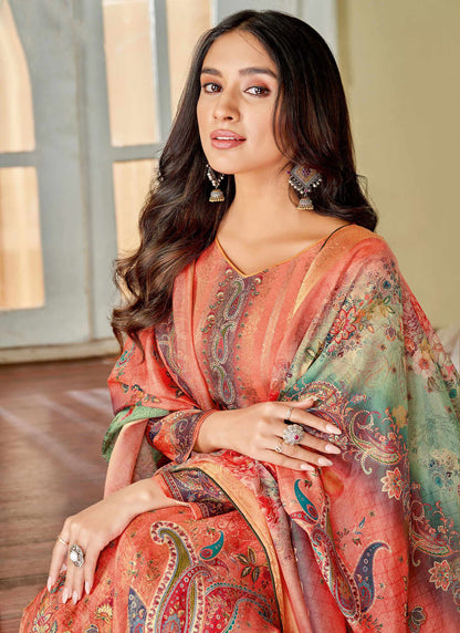 Designer light orange cotton linen salwar kameez with dupatta