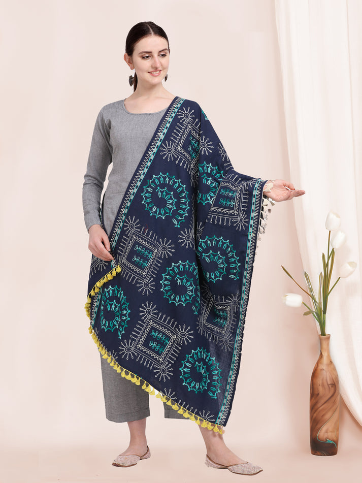 Artisan Embroidered Dupatta In Navy Blue Tone