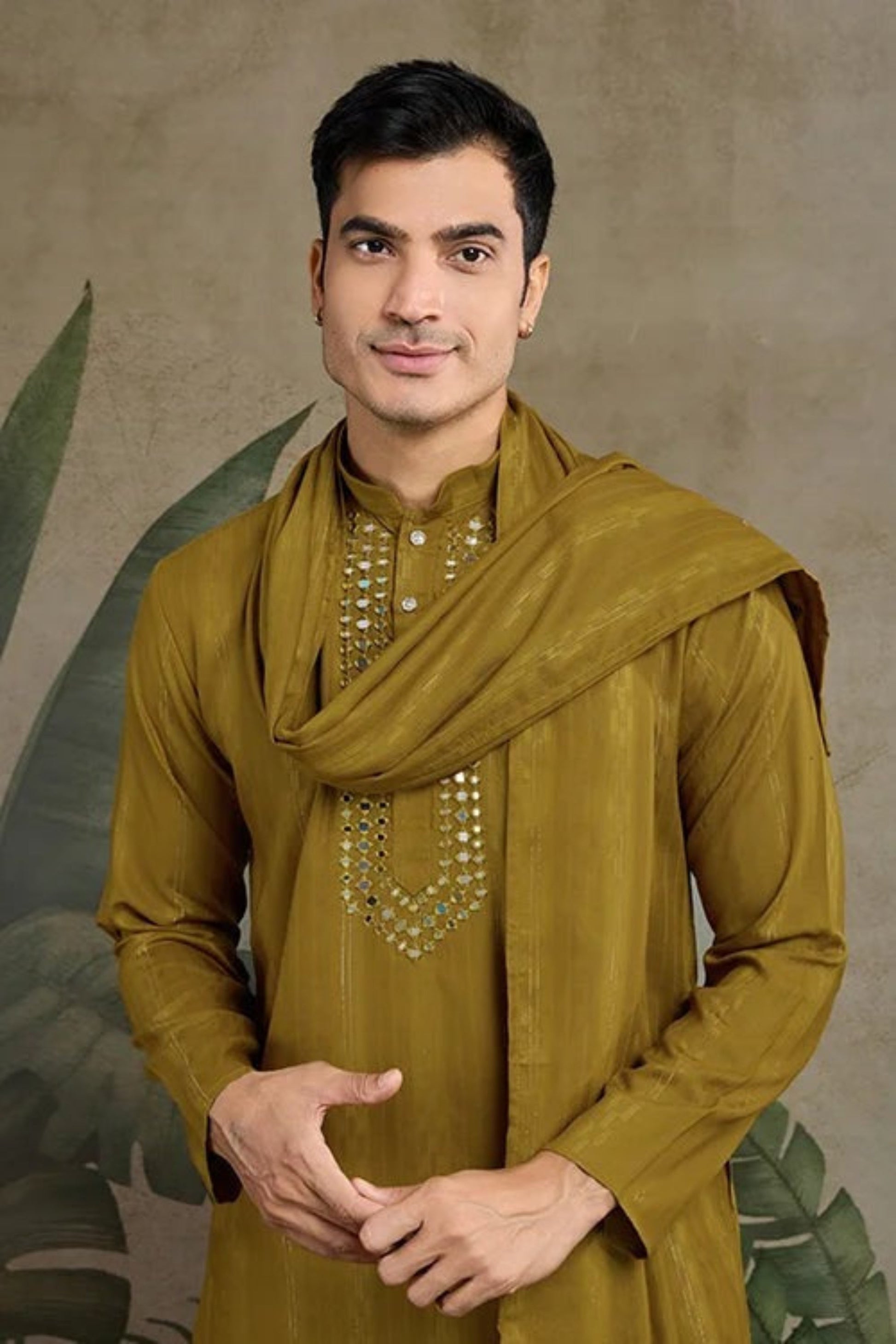 men's olive green kurta pajama with mirror work
