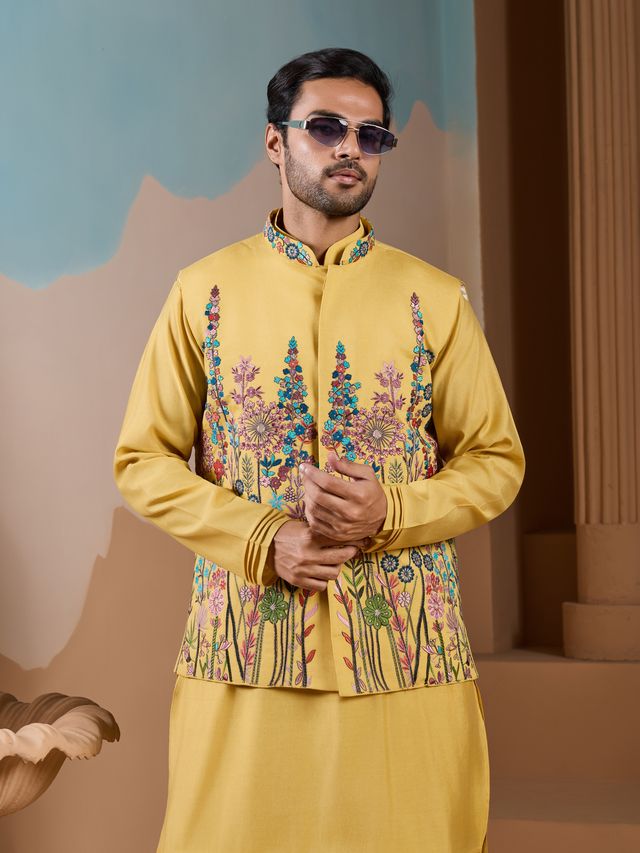 Kurta with koti detailed multi thread embroidery kurta pajama
