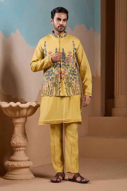 Kurta with koti yellow embroidered silk kurta pajama front view
