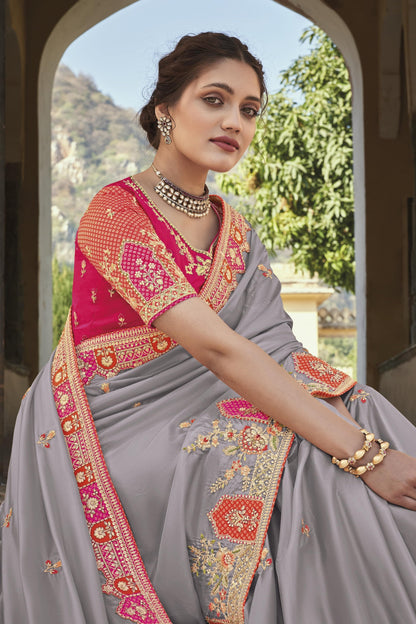 Grey Designer Traditional Saree with Fancy Silk & Handwork for Wedding