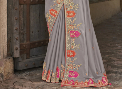 Grey Designer Traditional Saree with Fancy Silk & Handwork for Wedding