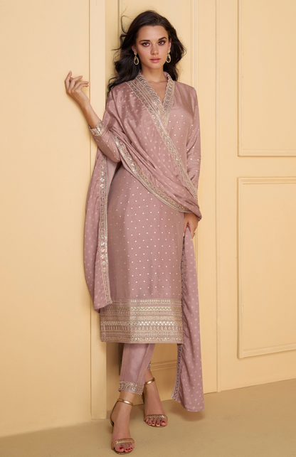 Lavender party wear salwar suit styled traditionally