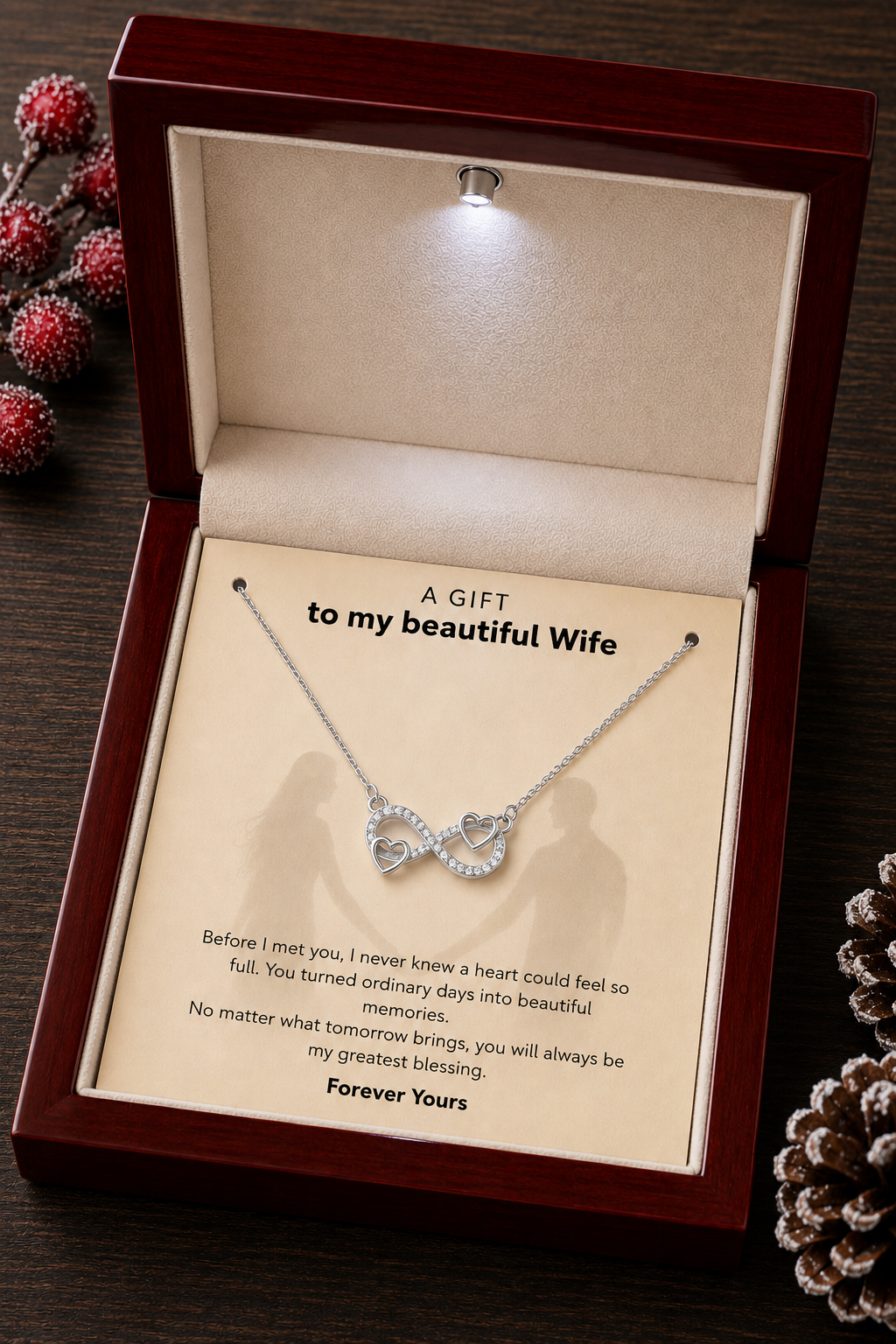 LED wooden gift box displaying infinity heart necklace for wife