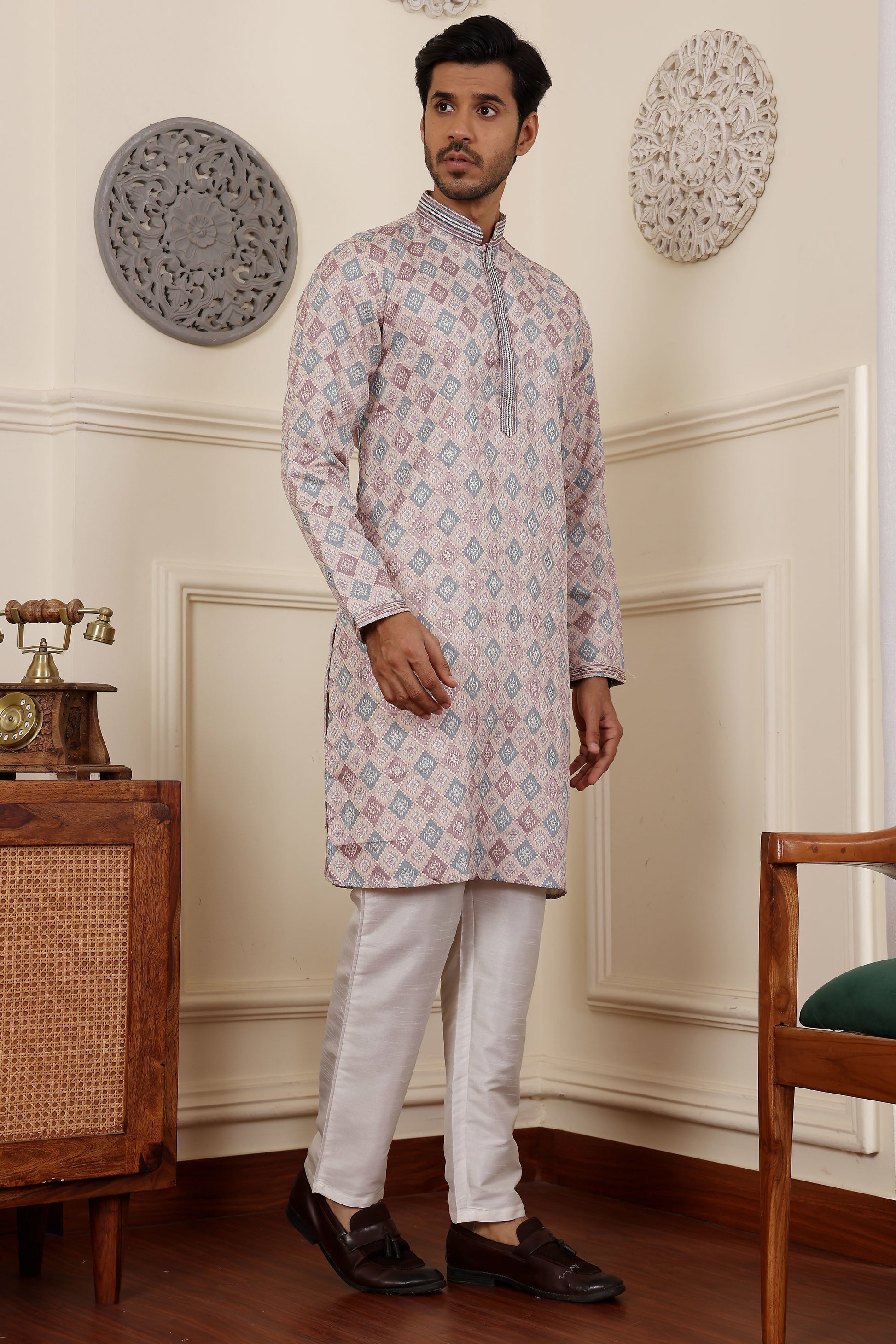 Light pink kurta for men with woven jacquard texture