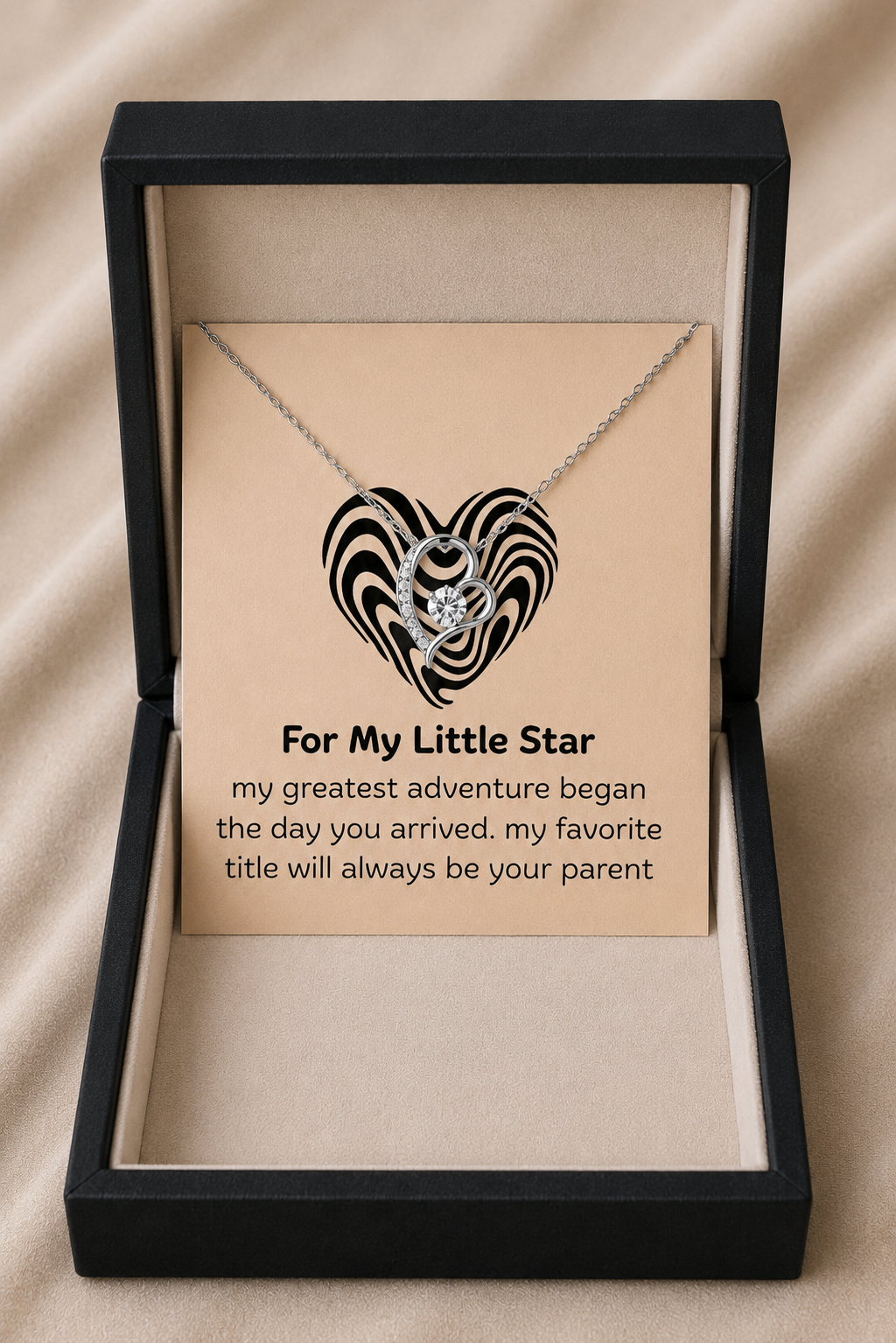 Heart pendant necklace with clear stone and For My Little Star keepsake card