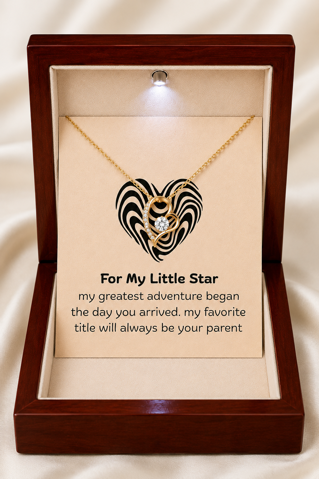 Wooden keepsake card featuring heart pendant necklace for Little Star gift