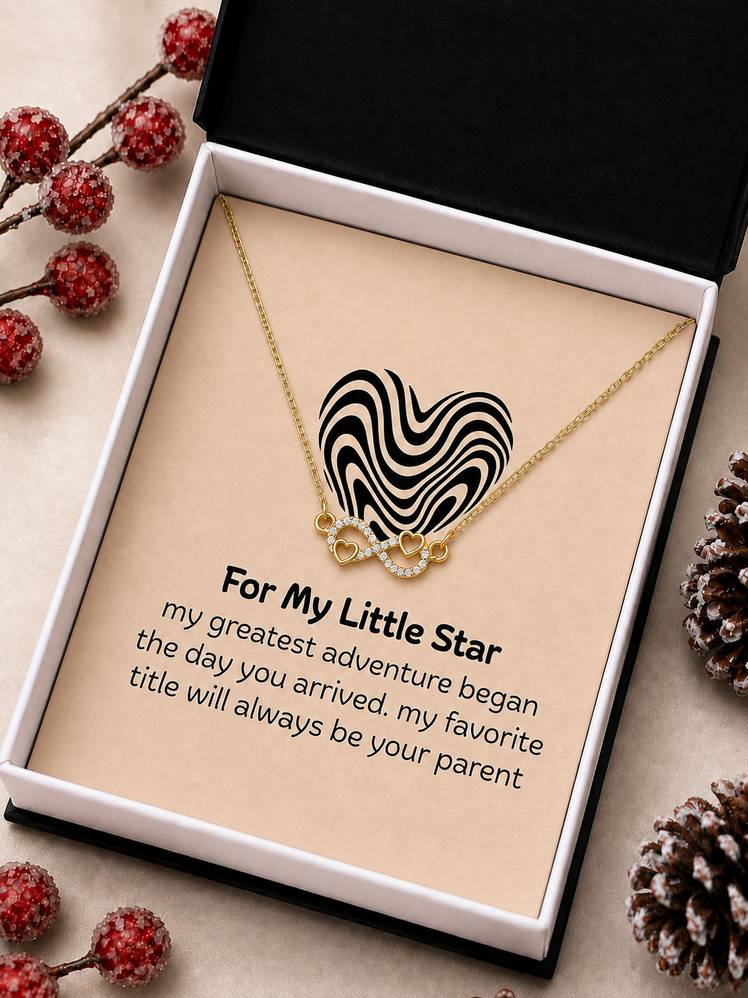 Heart pendant necklace with intertwined infinity design presented as an emotional gift for a beloved child