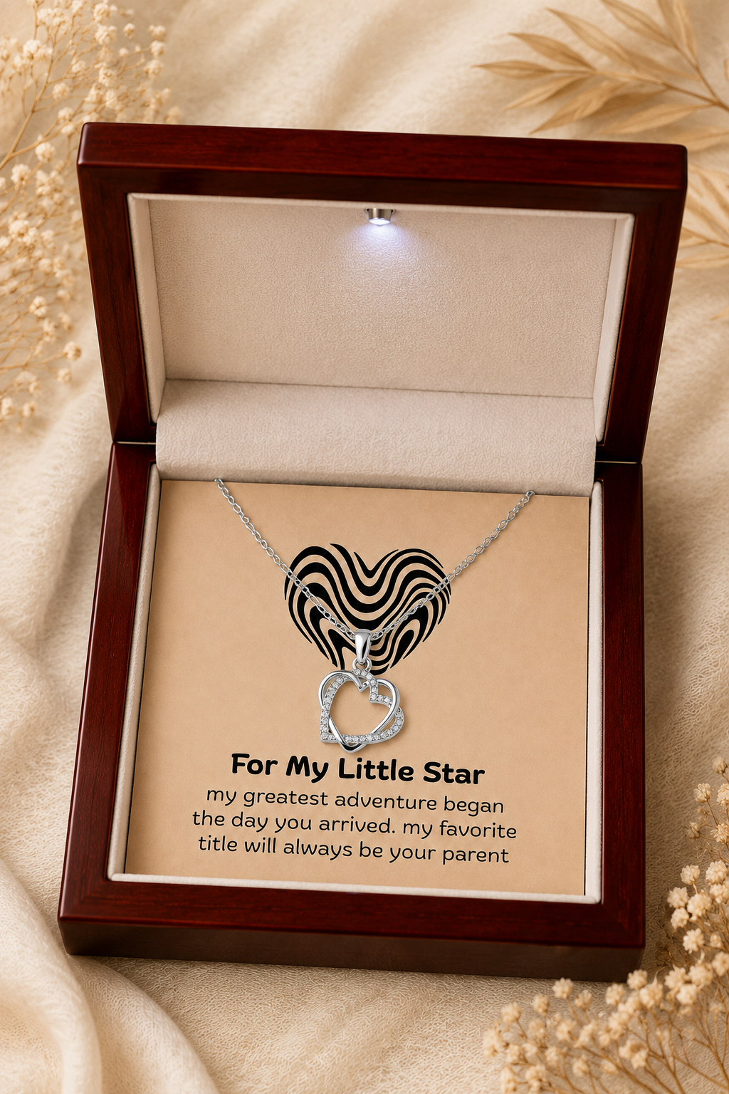 Silver-tone double heart pendant necklace for my little star in LED wooden gift box