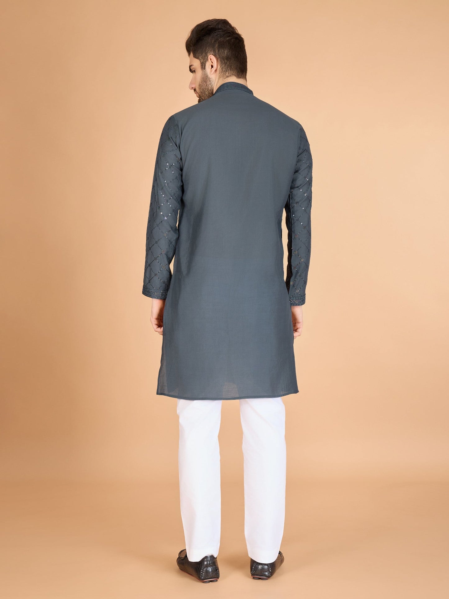 Grey Mens Kurta Set With Silk Texture