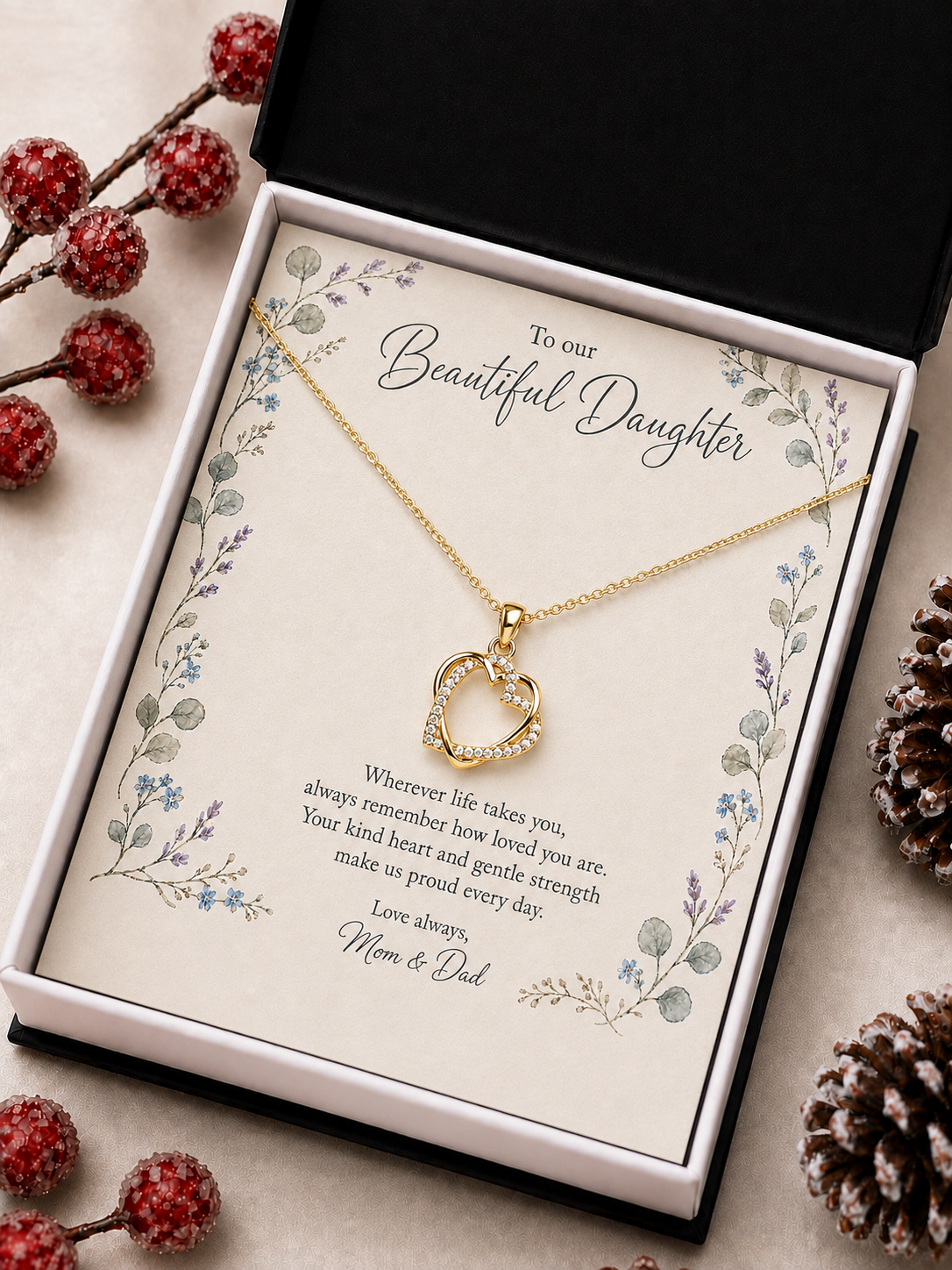 Meaningful daughter necklace with To our Beautiful Daughter floral card