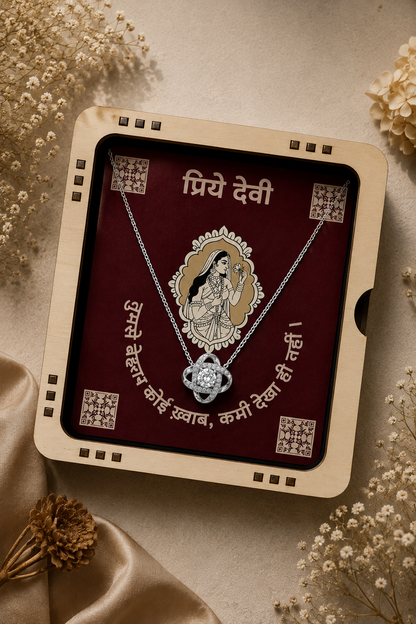 Meaningful Devi jewelry gift featuring interlocking knot pendant and traditional card design