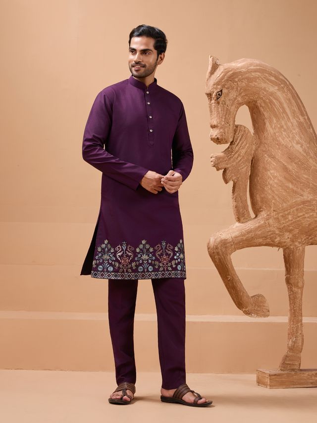 wine kurta men’s design highlighting viscose silk texture
