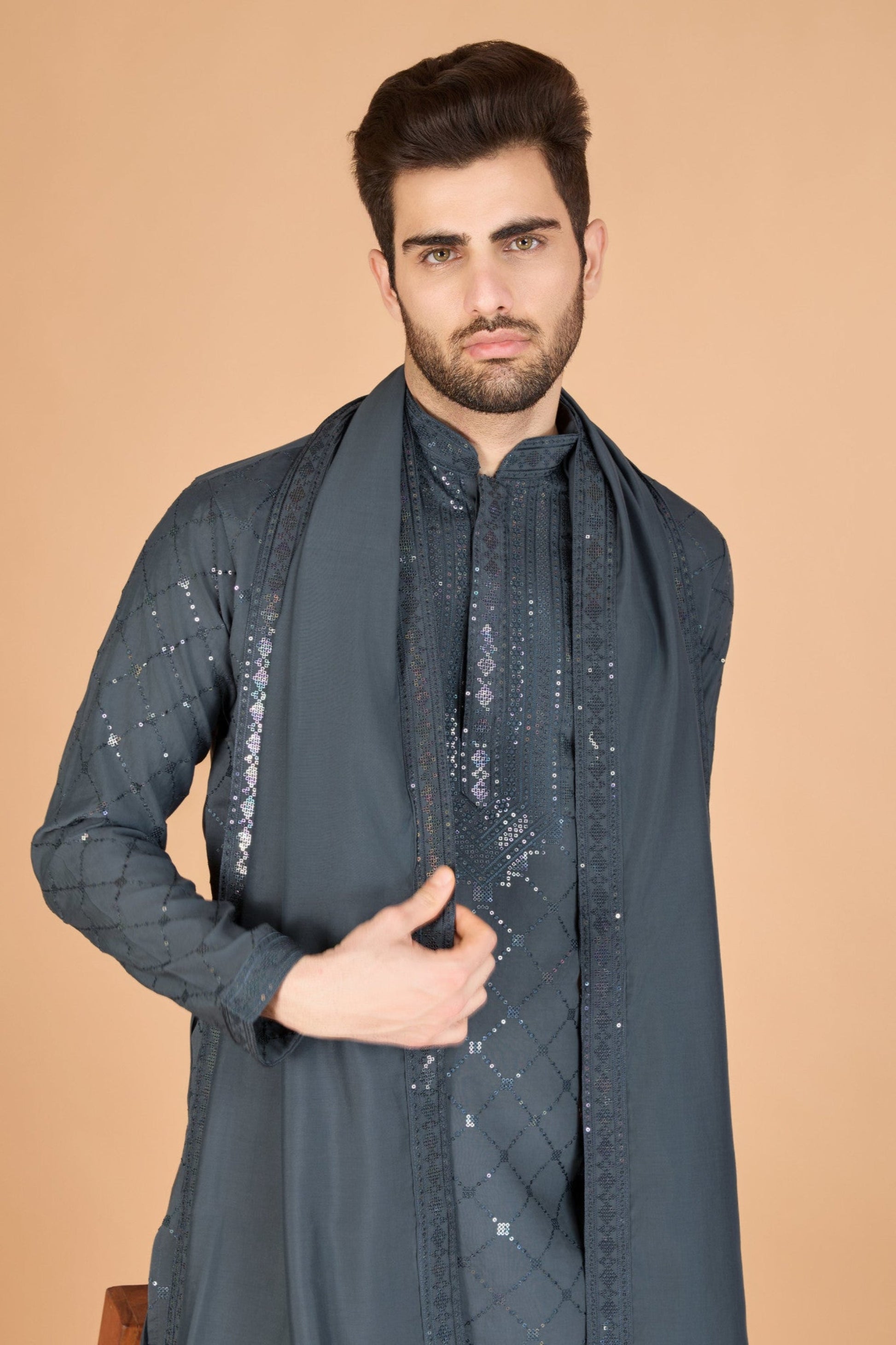 Mens Kurta Pant In Grey Silk Traditional Wear