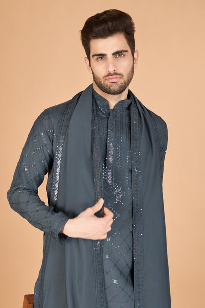 Mens Kurta Pant In Grey Silk Traditional Wear