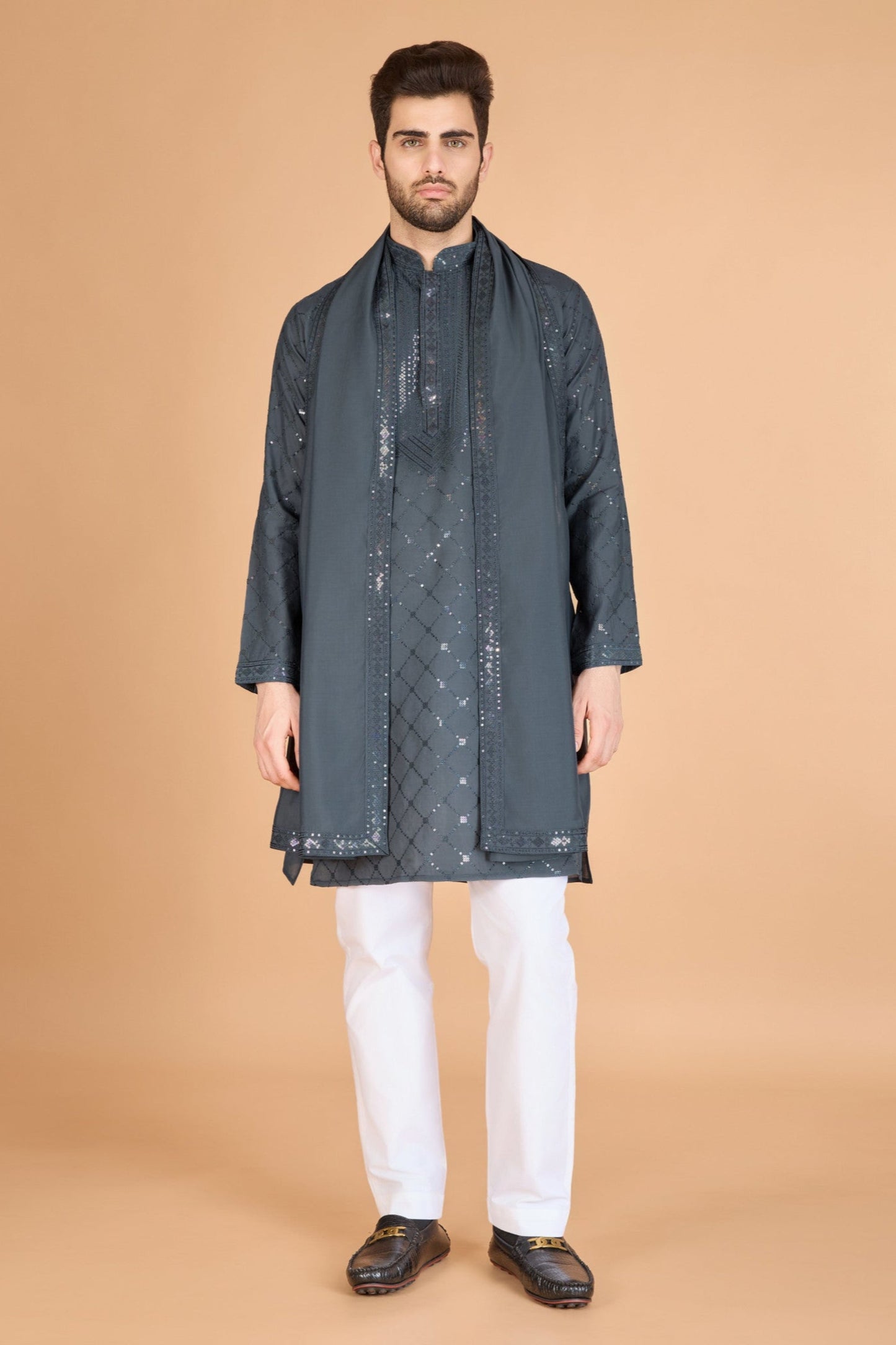 Mens Kurta Grey Silk Set With Sequence Embroidery