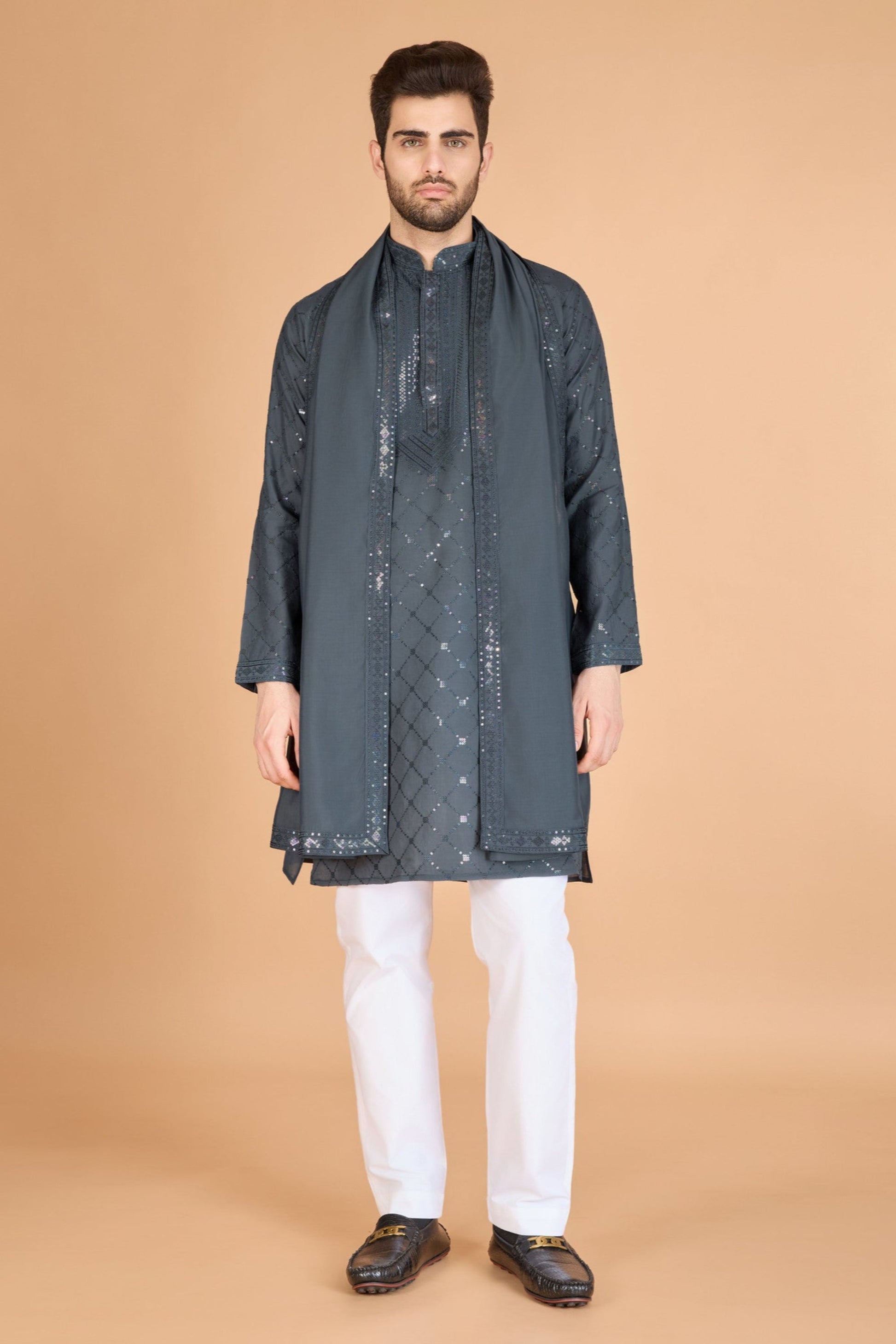 Mens Kurta Grey Silk Set With Sequence Embroidery