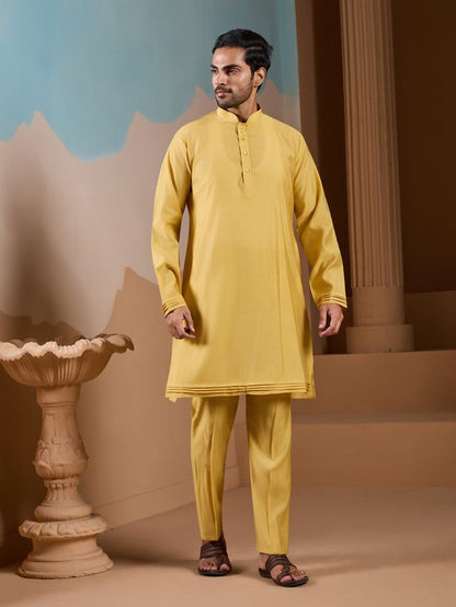 Mens kurta clothes yellow kurta pajama with embroidered koti

