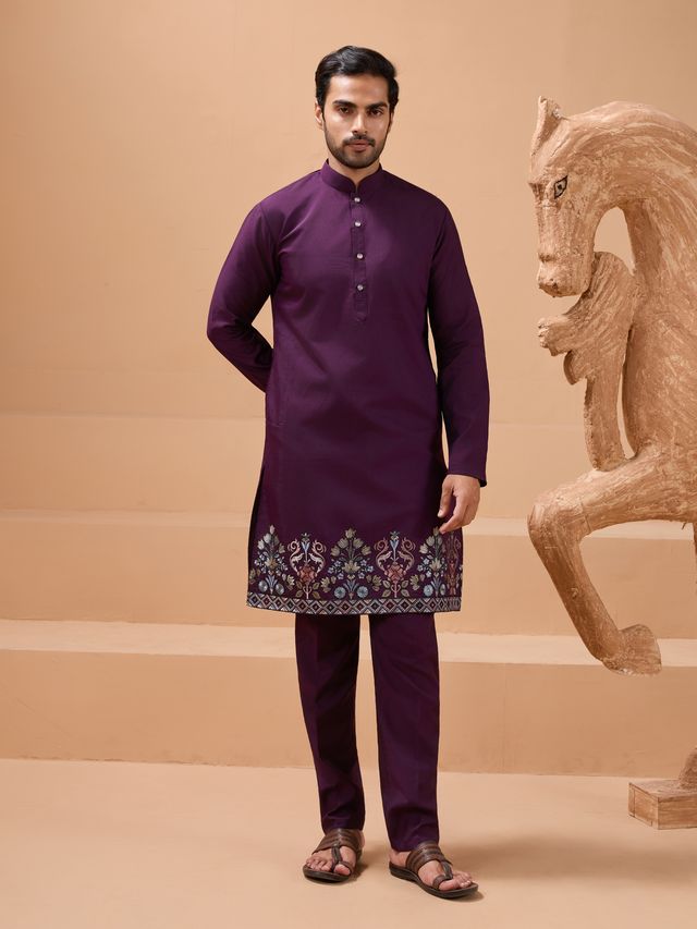 men’s wine kurta set styled with traditional kurta pajamas
