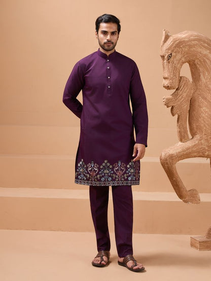 men’s wine kurta set styled with traditional kurta pajamas
