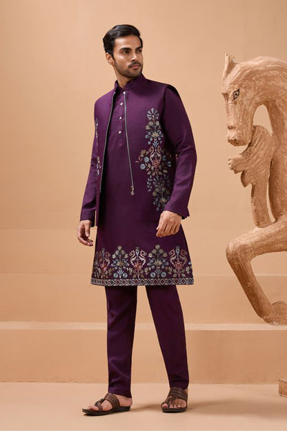 men’s wine kurta set with embroidered sequence work front view
