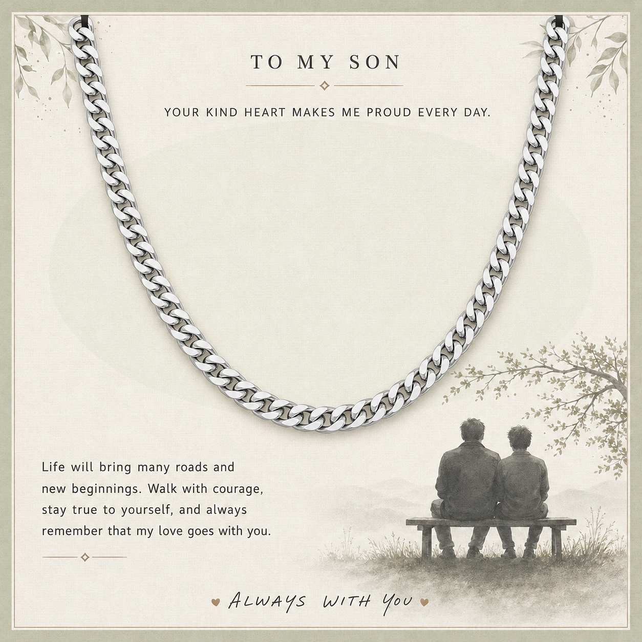 A silver-toned curb chain necklace displayed on a cream-colored sentimental card with printed text and an illustration of two people sitting on a bench.