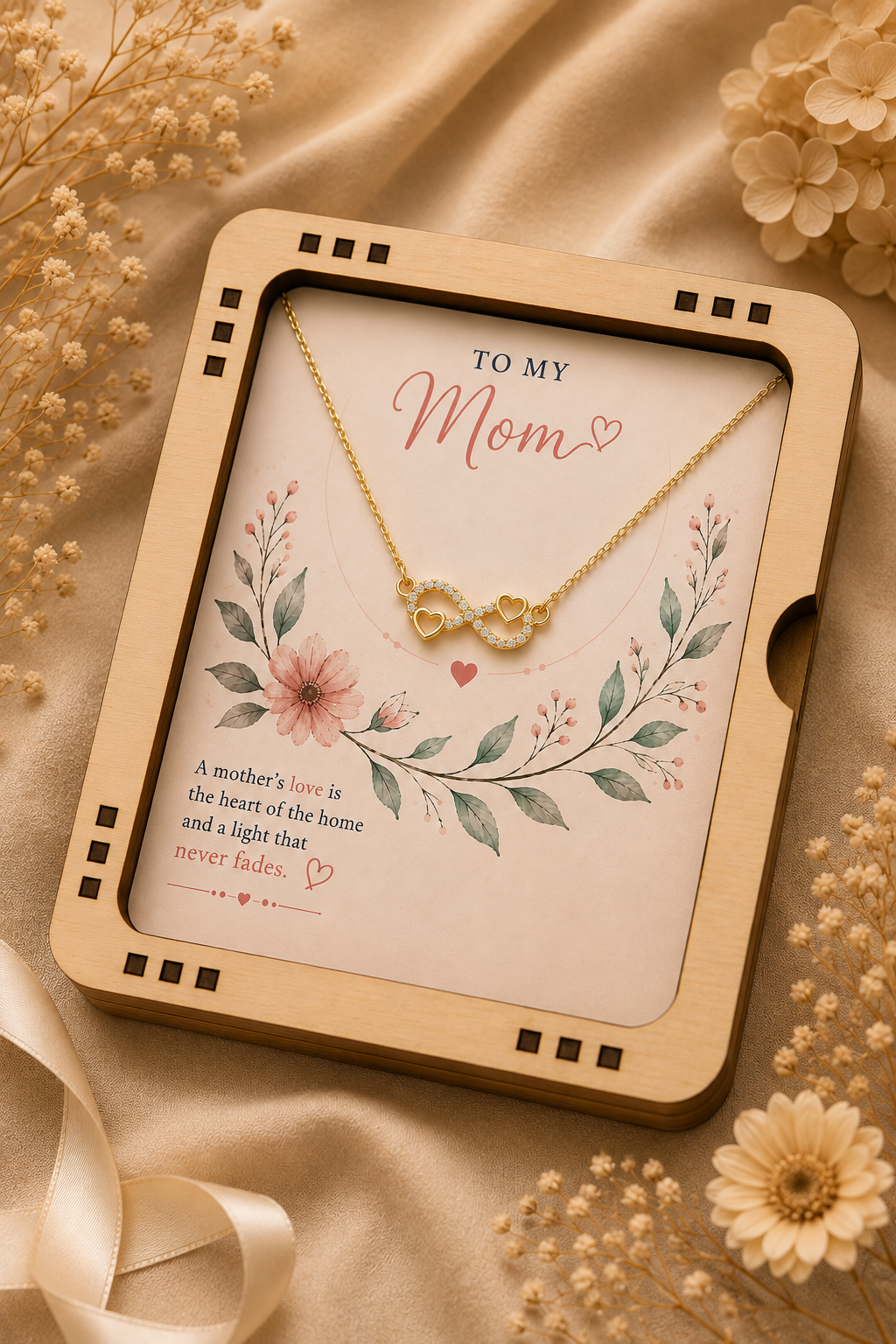 Mom gift necklace with gold-tone infinity design and two open hearts