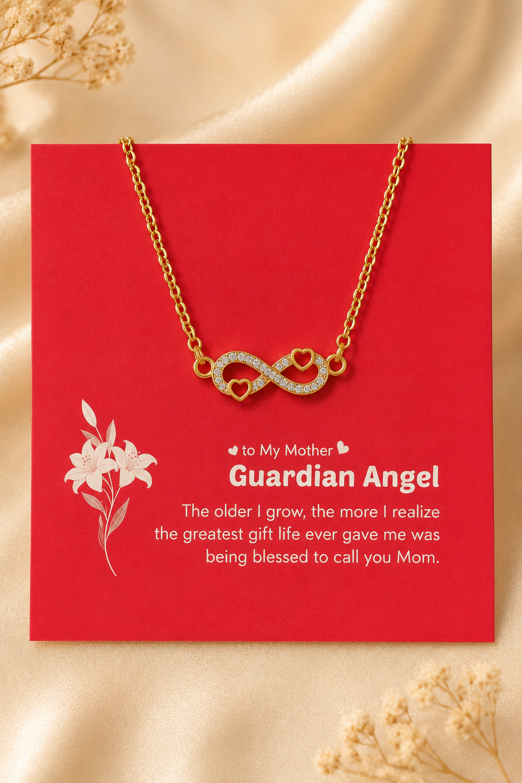 Mother gift necklace with infinity symbol, heart details and sentimental message card
