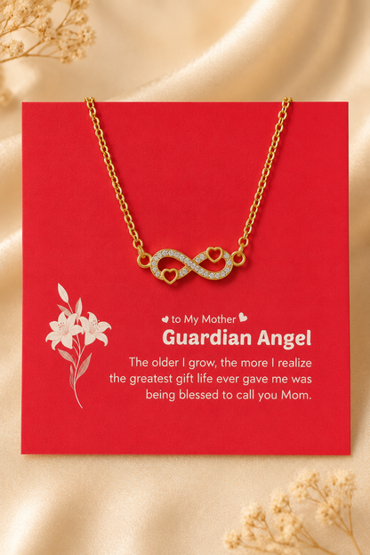 Mother gift necklace with infinity symbol, heart details and sentimental message card