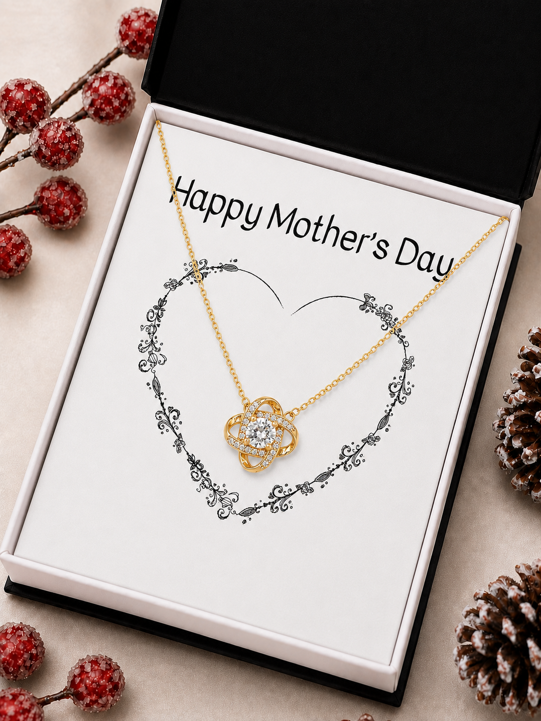 Mother necklace with gold-tone intertwined pendant and clear accents in wooden presentation box