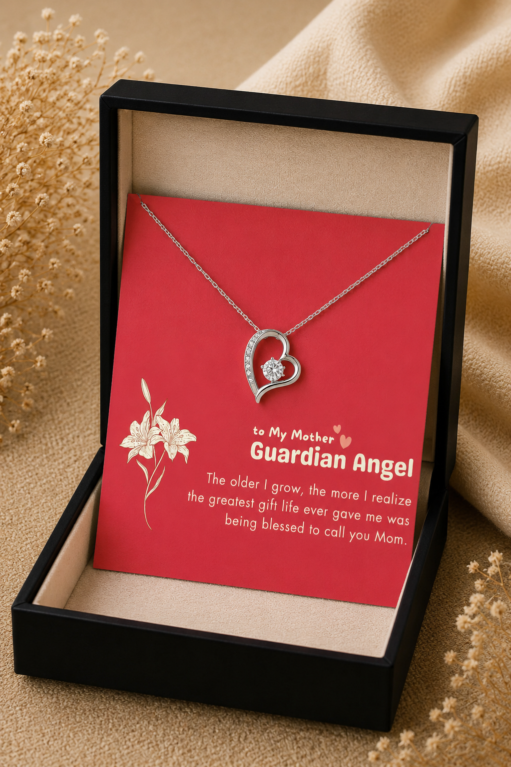 Mother's Guardian Angel heart pendant necklace in elegant gift box