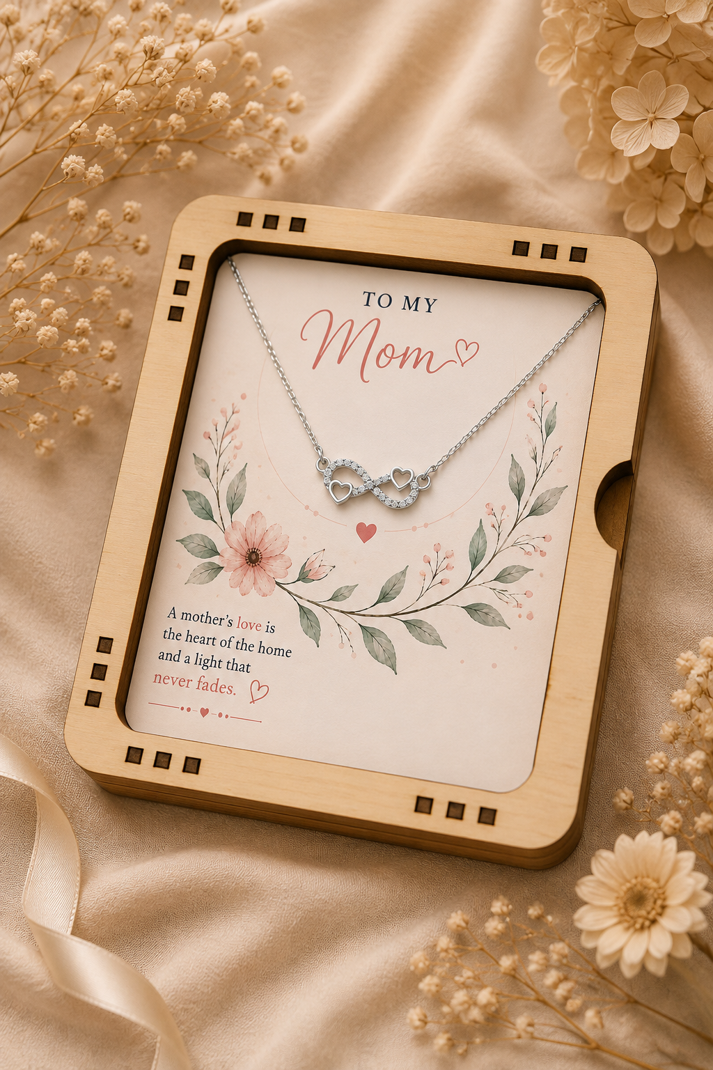 Mother infinity heart necklace with floral sentimental gift card
