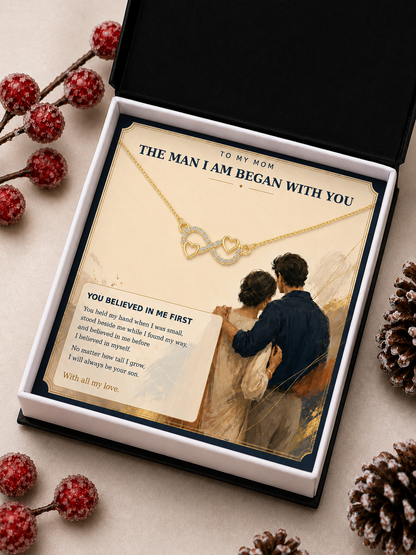 Mother and son message card with gold-tone infinity heart necklace