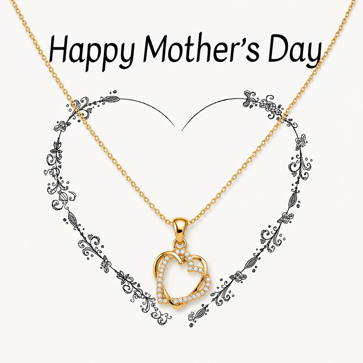 Gold-tone double heart pendant necklace displayed with Happy Mother’s Day message card