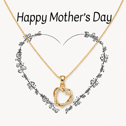 Gold-tone double heart pendant necklace displayed with Happy Mother’s Day message card