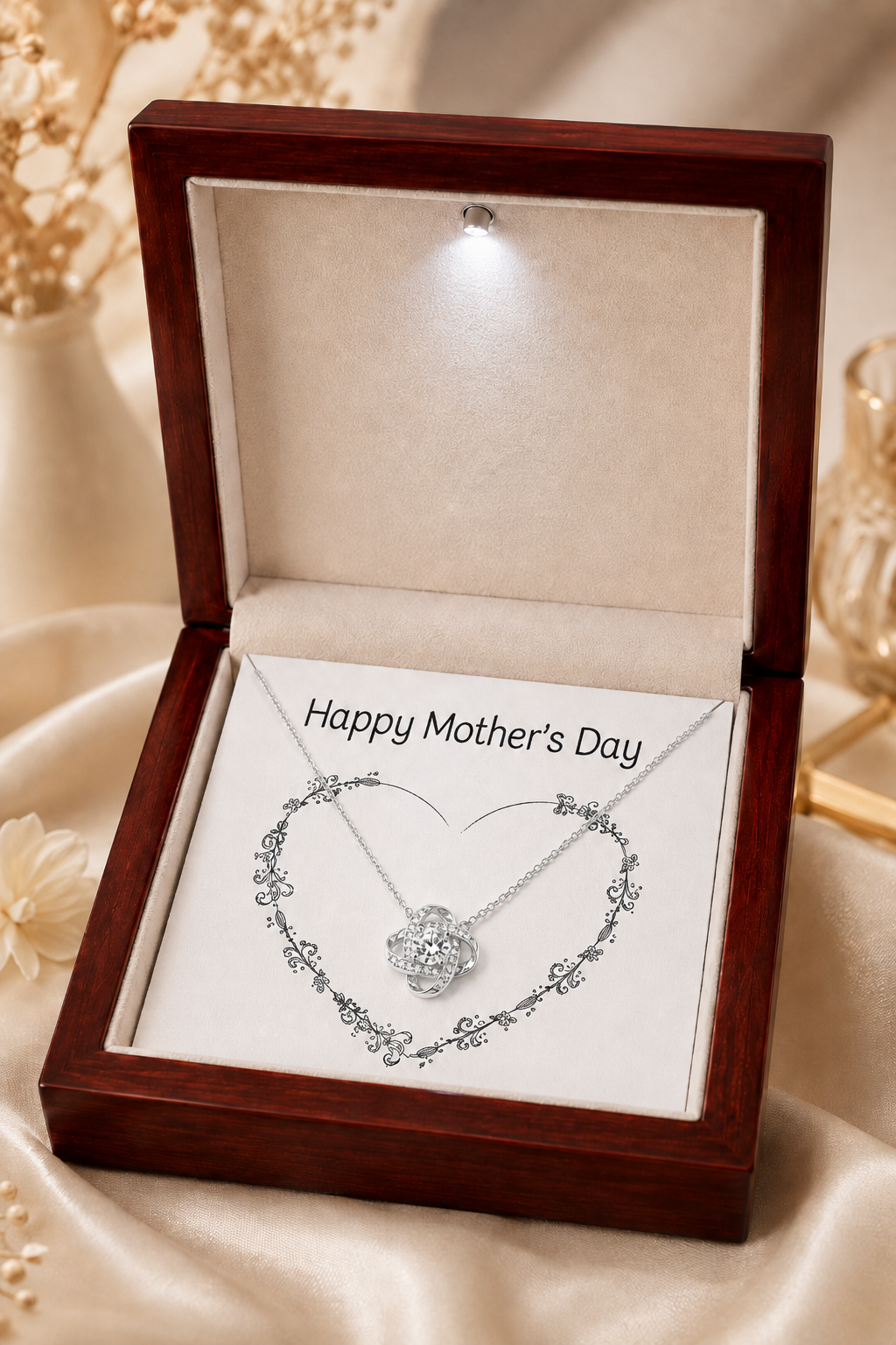 Mother’s Day pendant necklace in gold-tone finish displayed in open presentation box