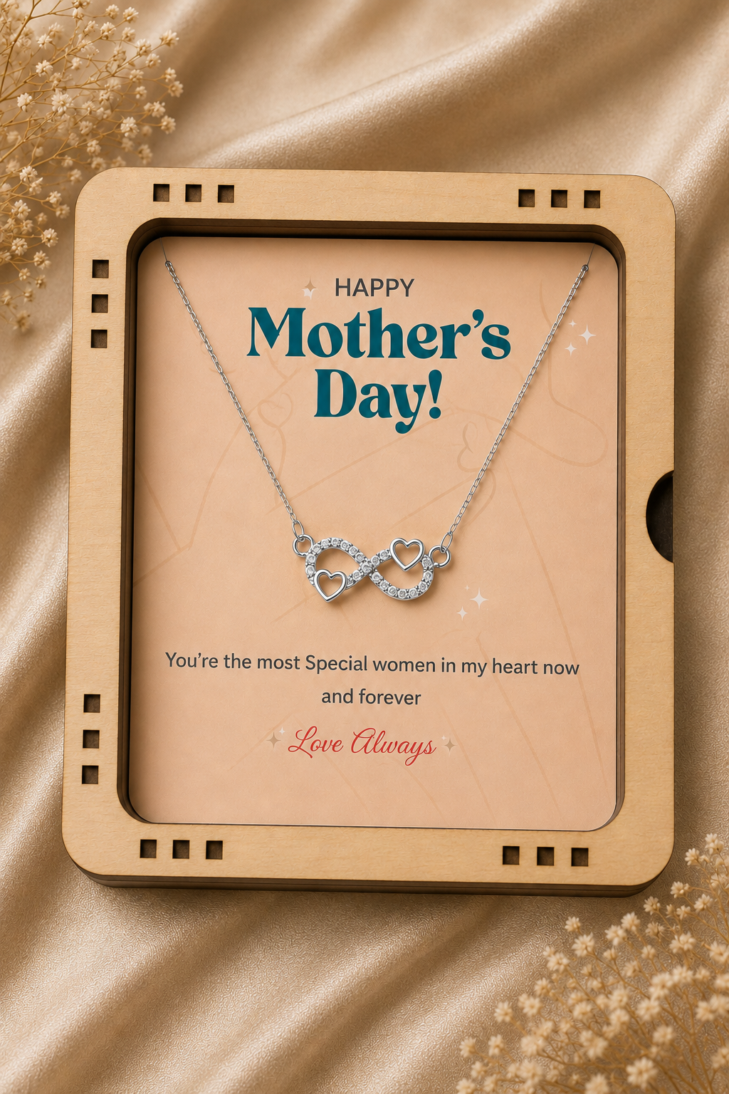 Mother’s Day necklace with infinity symbol and two open heart accents