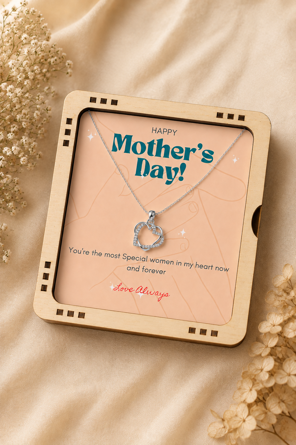 Mother’s Day necklace and message card displayed in wooden gift box