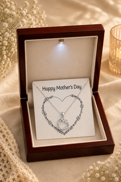 Mother’s Day silver-tone double heart pendant necklace with Happy Mother’s Day message card in gift box