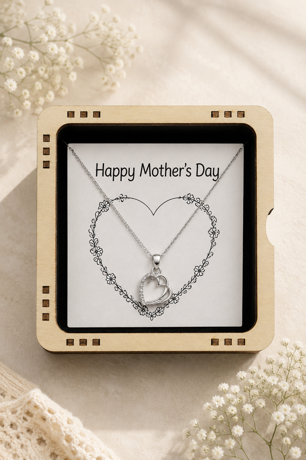 Mother’s Day silver-tone pendant necklace displayed in wooden jewelry box