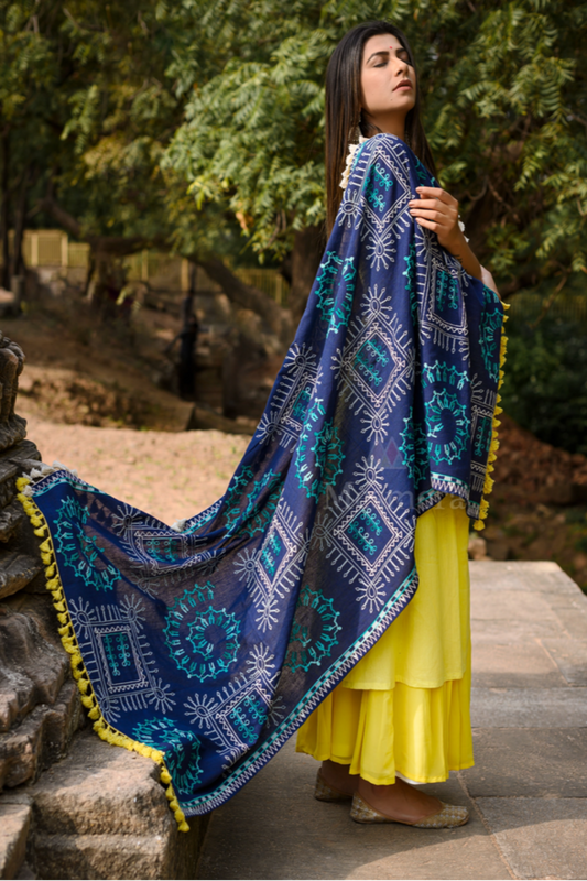 Navy Blue Dupatta With Embroidery Work In Khadi Cotton