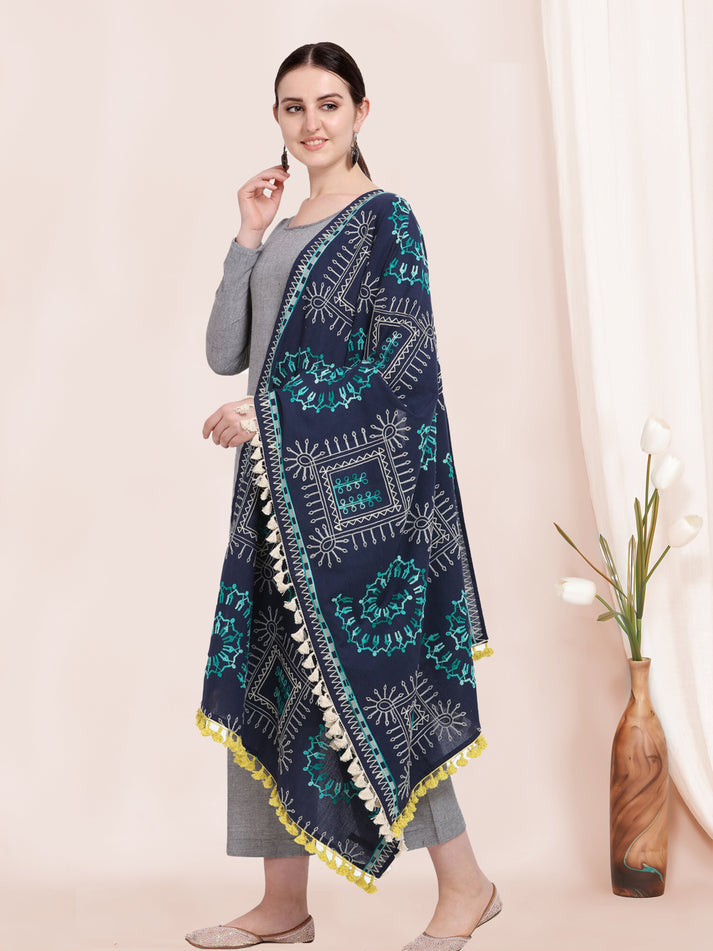 Handcrafted Khadi Cotton Dupatta In Navy Hue