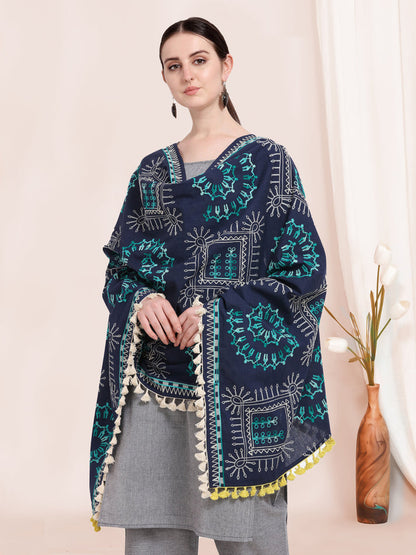 Embroidery Work Detail On Navy Blue Dupatta
