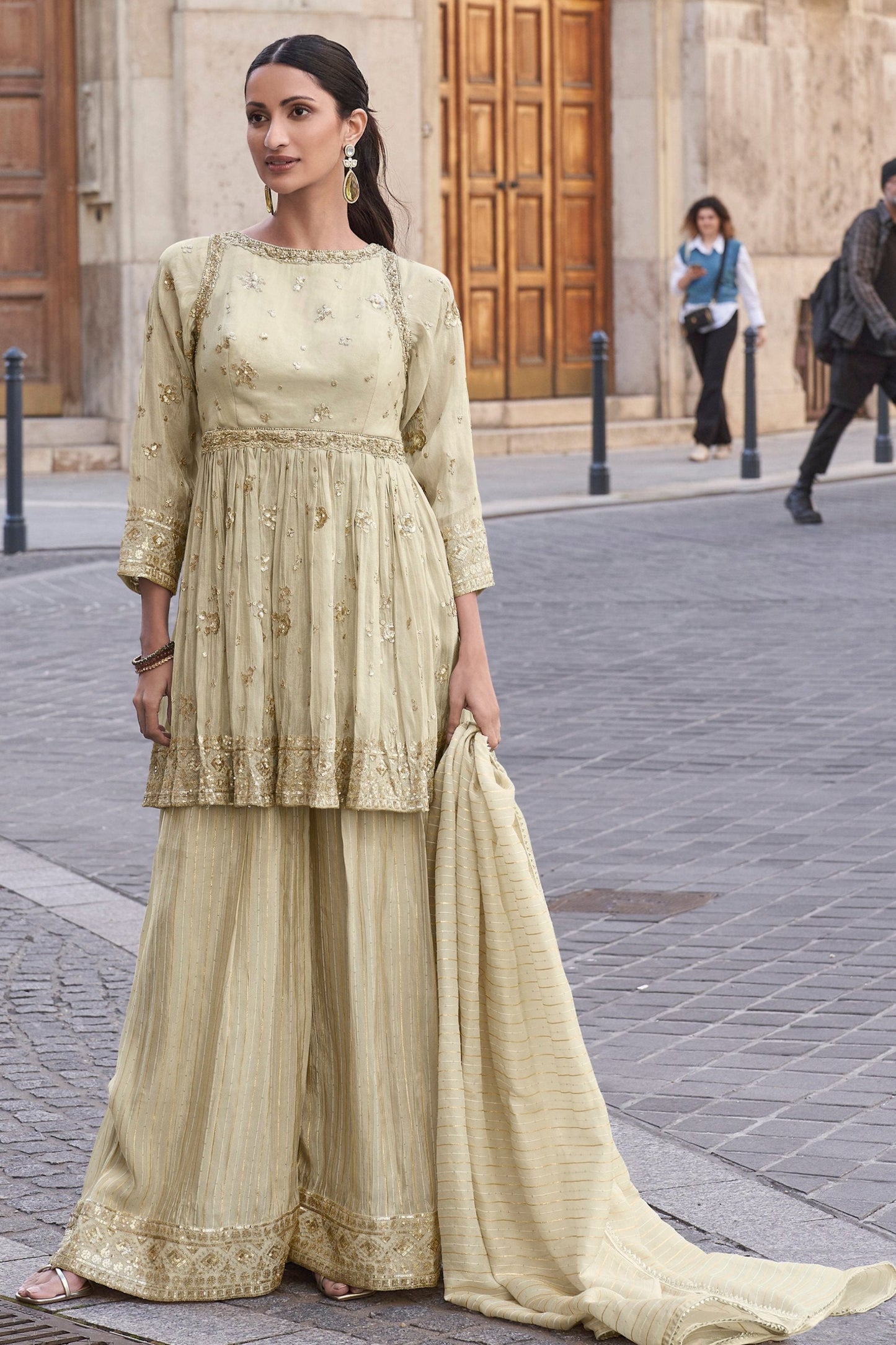 Off white sharara with embroidery work in chinon silk