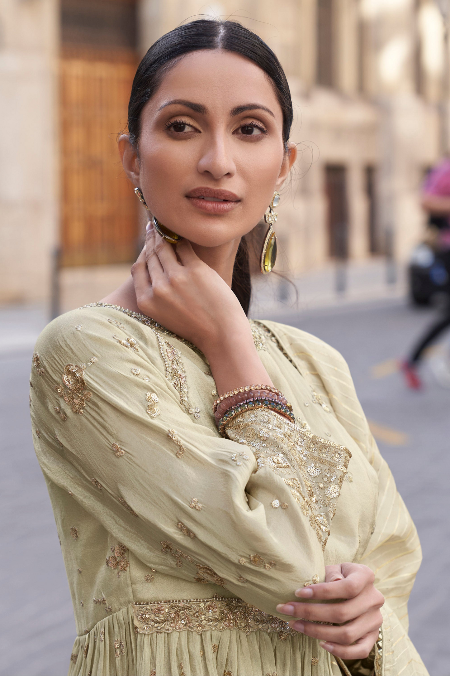Off white sharara set styled for indian wedding wear