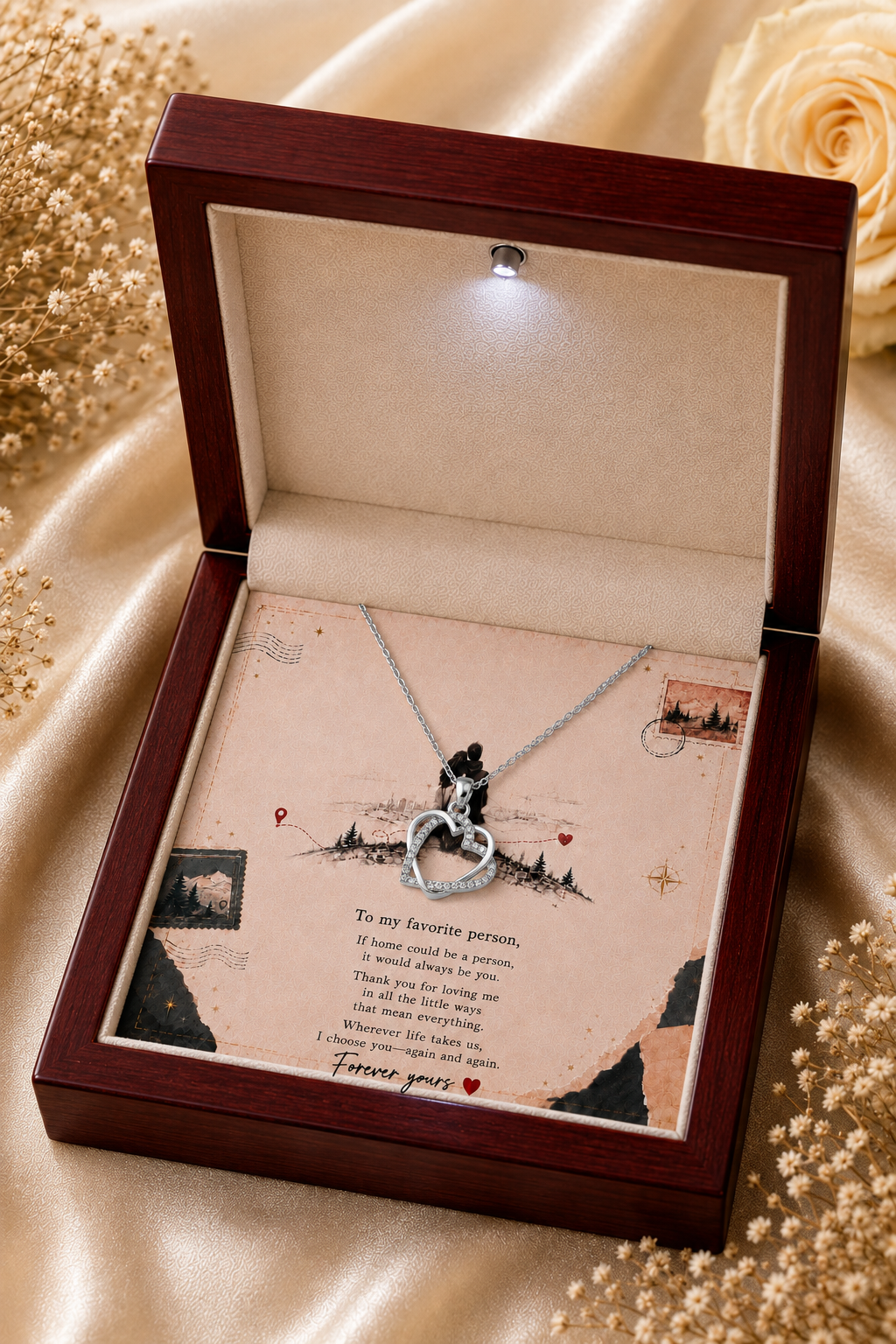 Open heart pendant with clear accents and silver-tone chain