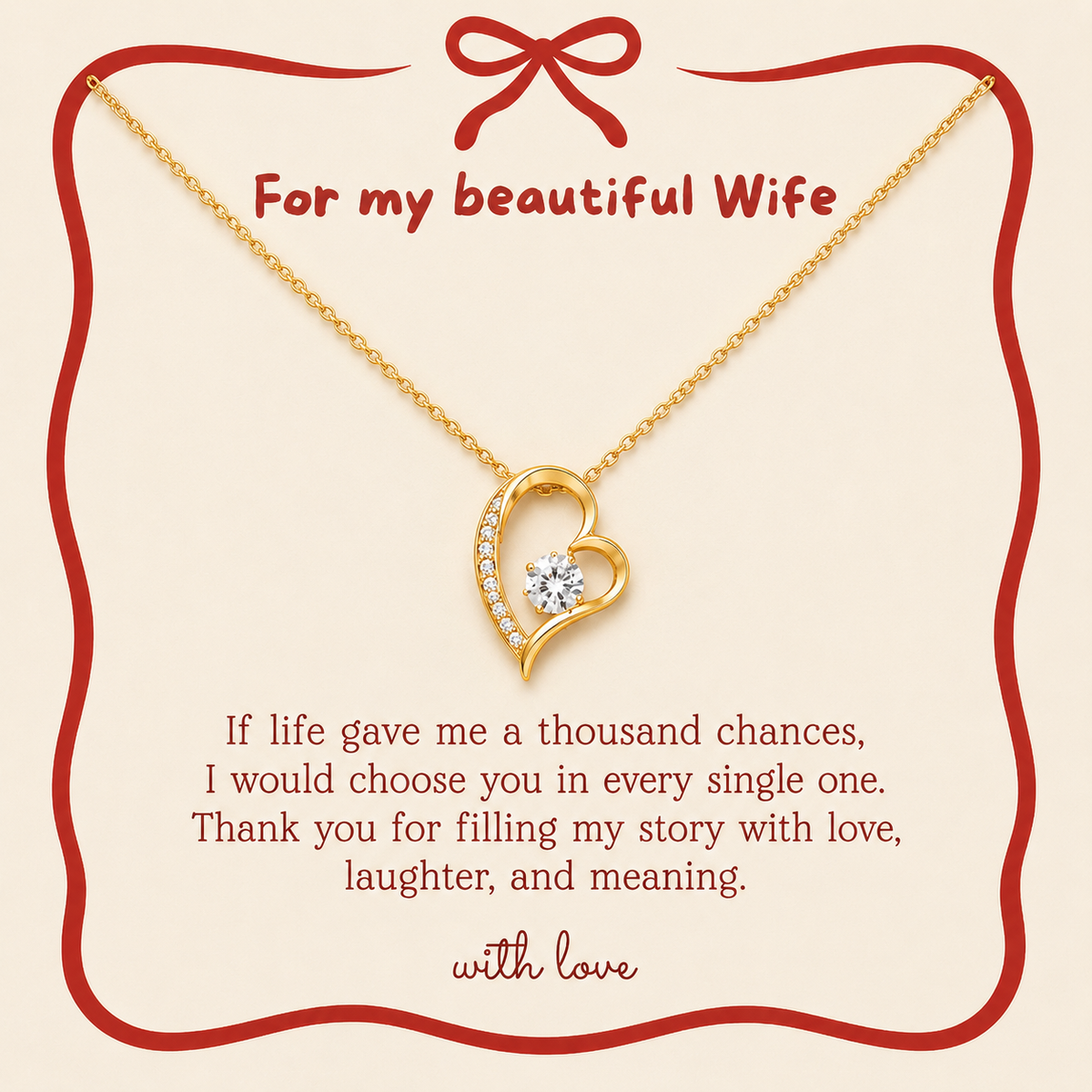 Romantic jewelry gift for wife with heart-shaped pendant and keepsake card