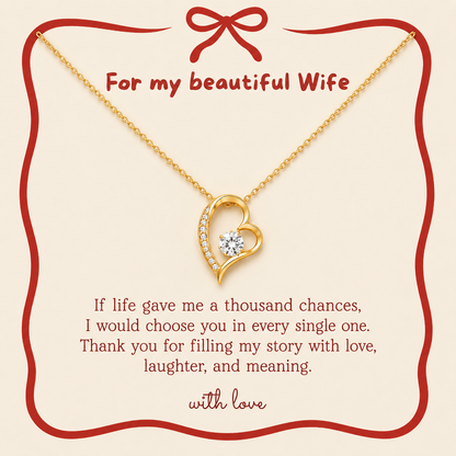 Romantic jewelry gift for wife with heart-shaped pendant and keepsake card